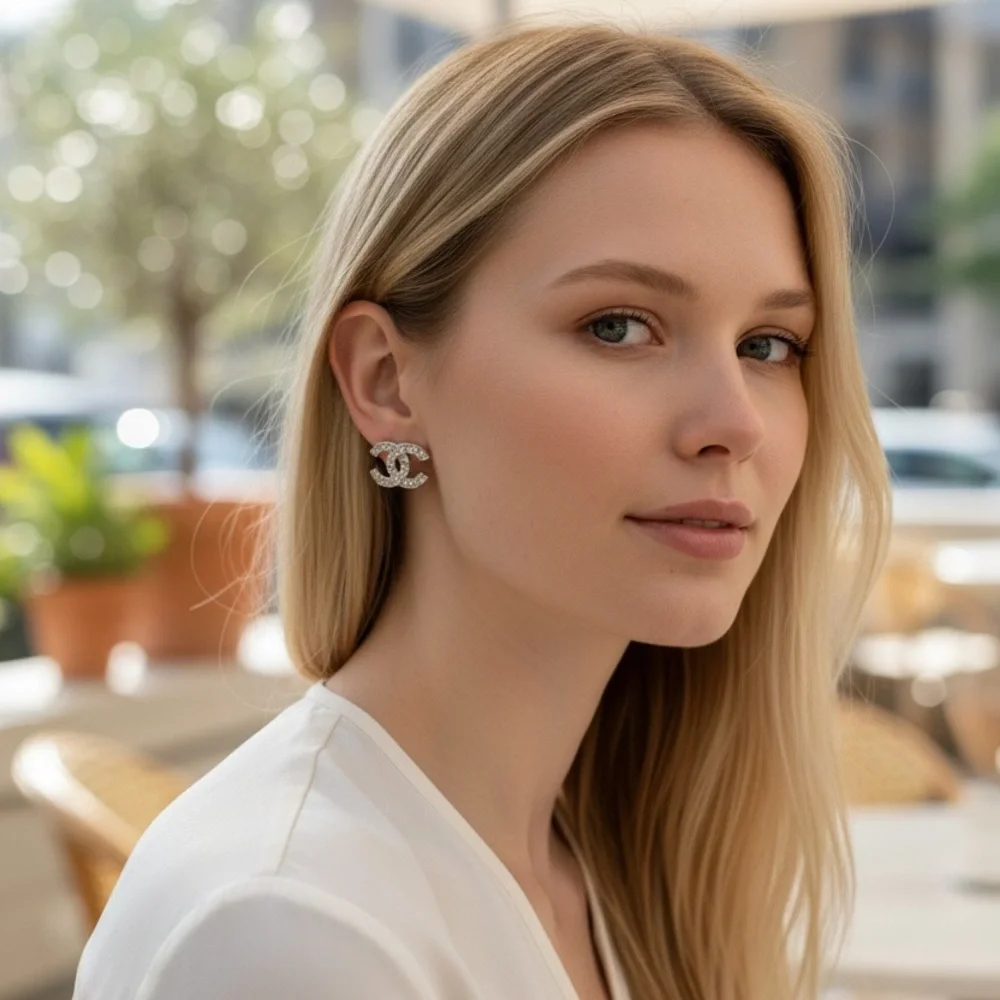 CHANEL Silver and Crystal Logo Pierced Earrings - Picture 4 of 7